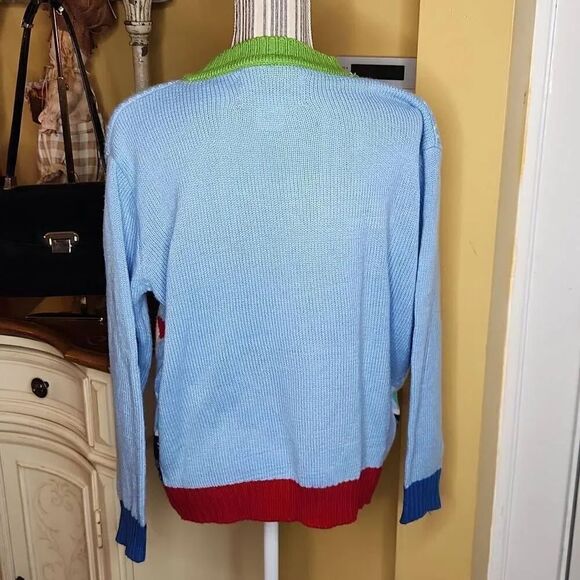 Merry Christmas Baby blue llama ugly cardigan  sweater women's size M - Picture 4 of 4